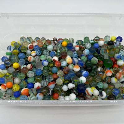 Large Lot of Vintage Glass Marbles – Mixed Colors, Swirls & Shooters in Storage Bin