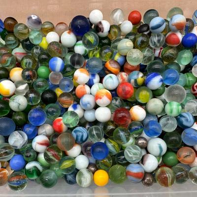 Large Lot of Vintage Glass Marbles – Mixed Colors, Swirls & Shooters in Storage Bin