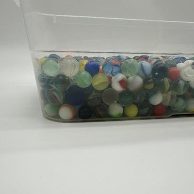 Large Lot of Vintage Glass Marbles – Mixed Colors, Swirls & Shooters in Storage Bin