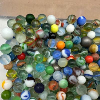 Large Lot of Vintage Glass Marbles – Mixed Colors, Swirls & Shooters in Storage Bin