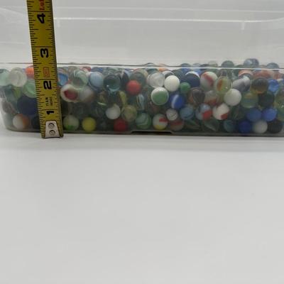 Large Lot of Vintage Glass Marbles – Mixed Colors, Swirls & Shooters in Storage Bin