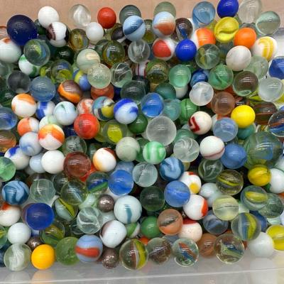 Large Lot of Vintage Glass Marbles – Mixed Colors, Swirls & Shooters in Storage Bin
