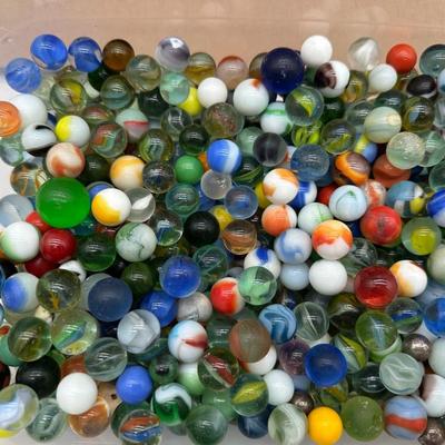 Large Lot of Vintage Glass Marbles – Mixed Colors, Swirls & Shooters in Storage Bin