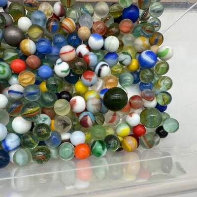 Large Lot of Vintage Glass Marbles – Mixed Colors, Swirls & Shooters in Storage Bin