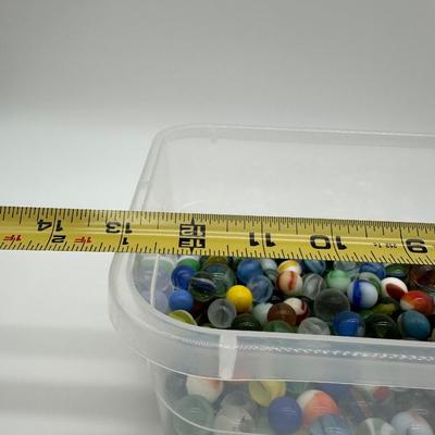 Large Lot of Vintage Glass Marbles – Mixed Colors, Swirls & Shooters in Storage Bin