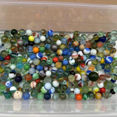 Large Lot of Vintage Glass Marbles – Mixed Colors, Swirls & Shooters in Storage Bin