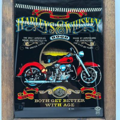 Framed Harley-Davidson “Harleys & Whiskey” Glass Print w/ Wood Frame & Hanger