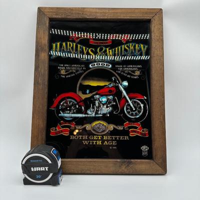 Framed Harley-Davidson “Harleys & Whiskey” Glass Print w/ Wood Frame & Hanger