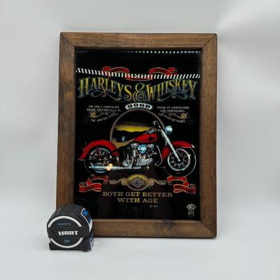 Framed Harley-Davidson “Harleys & Whiskey” Glass Print w/ Wood Frame & Hanger