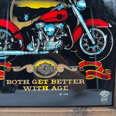 Framed Harley-Davidson “Harleys & Whiskey” Glass Print w/ Wood Frame & Hanger