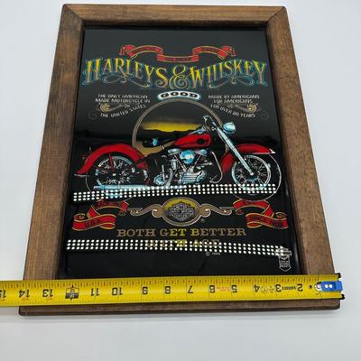 Framed Harley-Davidson “Harleys & Whiskey” Glass Print w/ Wood Frame & Hanger