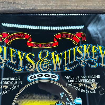 Framed Harley-Davidson “Harleys & Whiskey” Glass Print w/ Wood Frame & Hanger