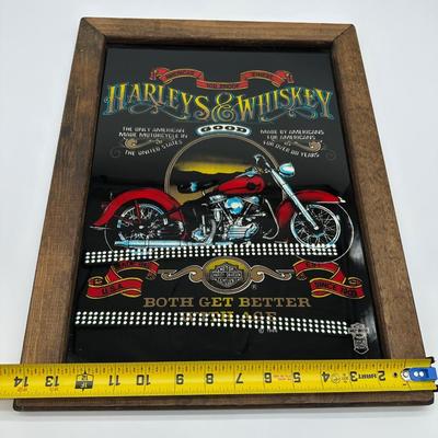 Framed Harley-Davidson “Harleys & Whiskey” Glass Print w/ Wood Frame & Hanger