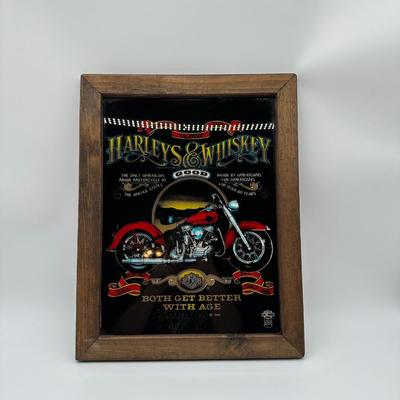 Framed Harley-Davidson “Harleys & Whiskey” Glass Print w/ Wood Frame & Hanger