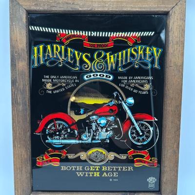 Framed Harley-Davidson “Harleys & Whiskey” Glass Print w/ Wood Frame & Hanger
