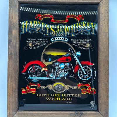 Framed Harley-Davidson “Harleys & Whiskey” Glass Print w/ Wood Frame & Hanger