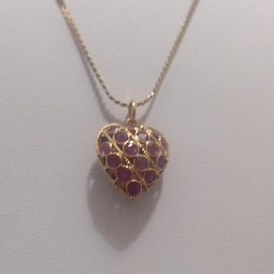 14 Karat Yellow Gold Fancy 'S' Link Necklace with Dual Gemstone Heart Pendant- Approx Total Weight 3.92 Grams (#19)