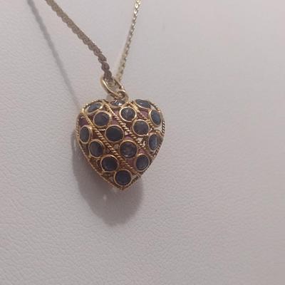 14 Karat Yellow Gold Fancy 'S' Link Necklace with Dual Gemstone Heart Pendant- Approx Total Weight 3.92 Grams (#19)