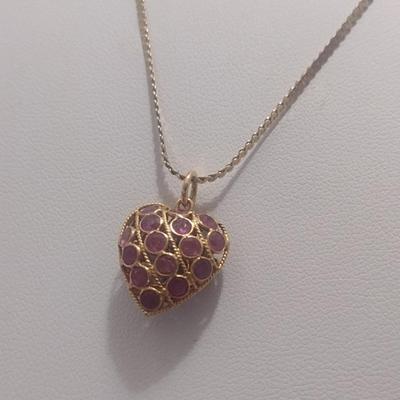 14 Karat Yellow Gold Fancy 'S' Link Necklace with Dual Gemstone Heart Pendant- Approx Total Weight 3.92 Grams (#19)