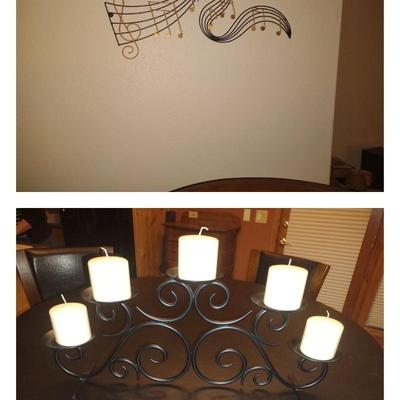 IRON MULTI CANDLE CENTERPIECE AND METAL TREBLE CLEF WALL ACCENT
