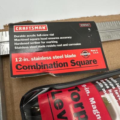 Craftsman Measuring & Layout Tool Lot – Square, Level, Protractor, Tapes & Utility Knife (USA)