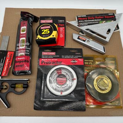 Craftsman Measuring & Layout Tool Lot – Square, Level, Protractor, Tapes & Utility Knife (USA)