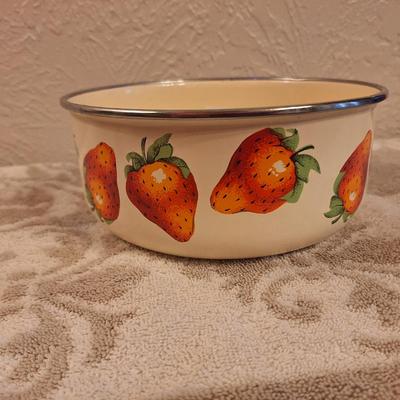  vintage Kobe Kitchen enamel mixing bowl with a strawberry pattern and a silver rim