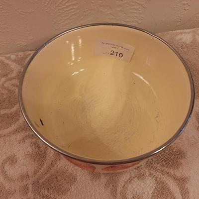  vintage Kobe Kitchen enamel mixing bowl with a strawberry pattern and a silver rim