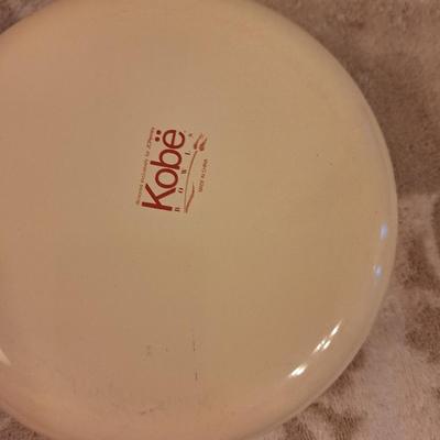  vintage Kobe Kitchen enamel mixing bowl with a strawberry pattern and a silver rim