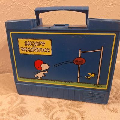 vintage blue plastic Snoopy and Woodstock lunch box by Thermos, originally produced in 1971. 