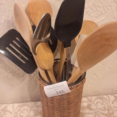 Kitchen utensils in woven basket, pier 1 napkin rings and 2 wine stoppers
