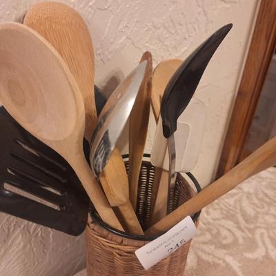 Kitchen utensils in woven basket, pier 1 napkin rings and 2 wine stoppers