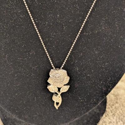 STS sterling silver 925 necklace with Rose pendant (small accent stones unknown if diamonds or other). 18 in chain.