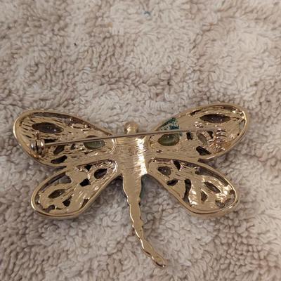 Vintage dragonfly brooch with green and purple moonstone glass and faux pearls