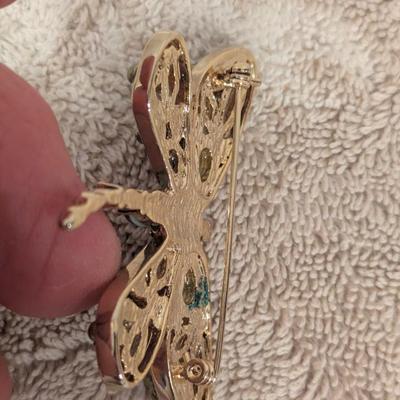 Vintage dragonfly brooch with green and purple moonstone glass and faux pearls
