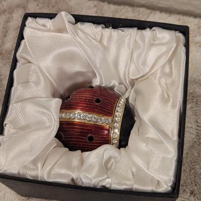 enameled pewter ladybug trinket box with rhinestone accents and storage box for it.
