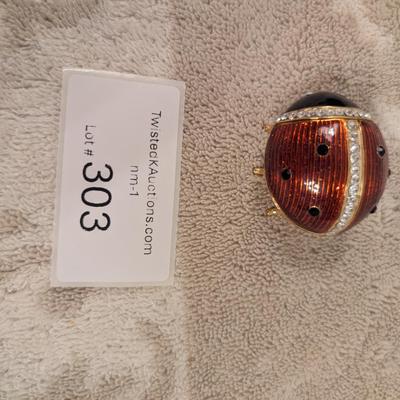 enameled pewter ladybug trinket box with rhinestone accents and storage box for it.