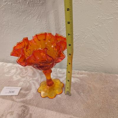 Fenton Cabbage Rose style amberina glass ruffled compote candy dish. (did not check with UV light)