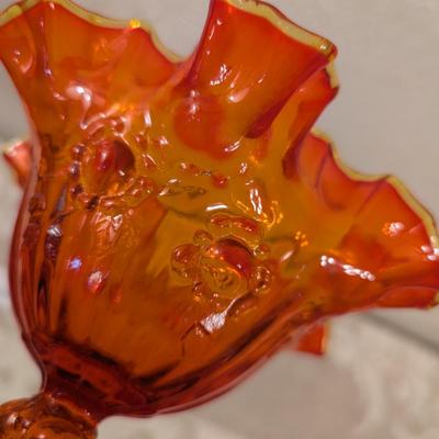Fenton Cabbage Rose style amberina glass ruffled compote candy dish. (did not check with UV light)