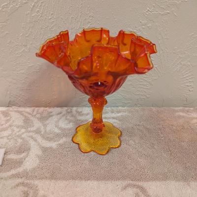 Fenton Cabbage Rose style amberina glass ruffled compote candy dish. (did not check with UV light)