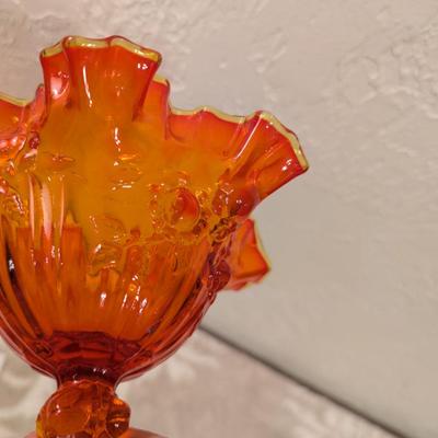 Fenton Cabbage Rose style amberina glass ruffled compote candy dish. (did not check with UV light)