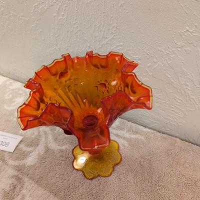 Fenton Cabbage Rose style amberina glass ruffled compote candy dish. (did not check with UV light)