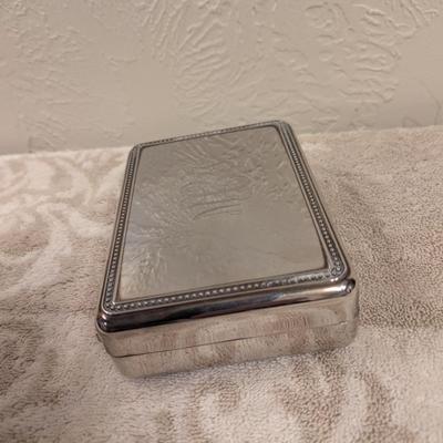 Silver tone trinket box with engraving on top