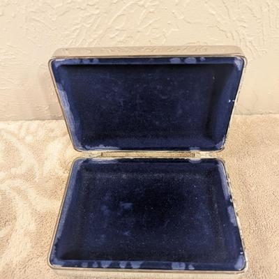 Silver tone trinket box with engraving on top