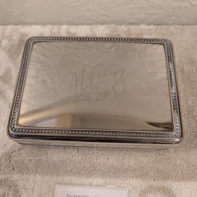 Silver tone trinket box with engraving on top