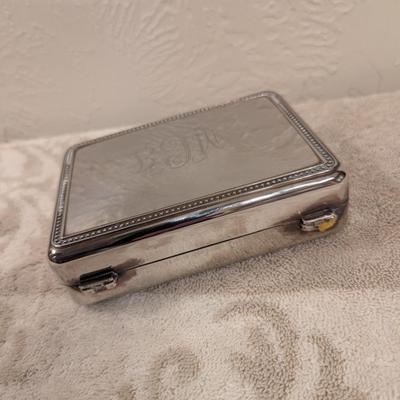 Silver tone trinket box with engraving on top