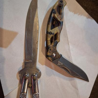 2 knives, Gerber mini folding knife and a butterfly knife