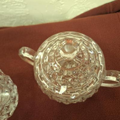 Fostoria American clear lidded sugar bowl and creamer set