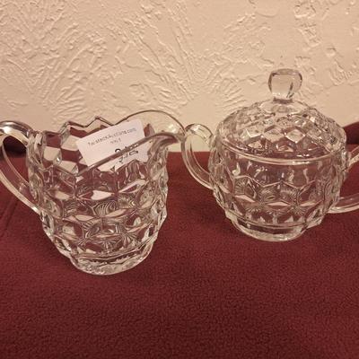 Fostoria American clear lidded sugar bowl and creamer set
