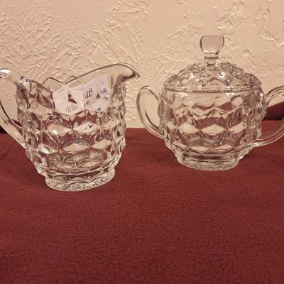 Fostoria American clear lidded sugar bowl and creamer set